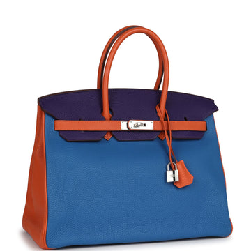 Hermes SpESial Order (HES) Birkin 35 Tricolor Bleu Hydra, Ultraviolet and Orange Togo Palladium Hardware