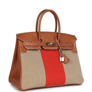 Hermes Birkin 35 Flag Ficelle and Paprika Toile H and Fauve Barenia PermabraES Hardware