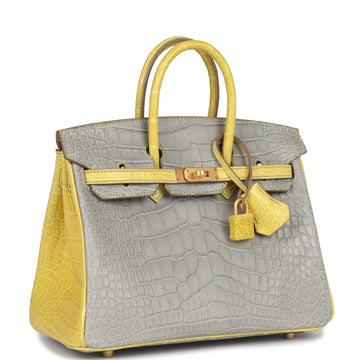 Hermes SpESial Order (HES) Birkin 25 Gris Perle and Mimosa Matte Alligator Brushed Gold Hardware