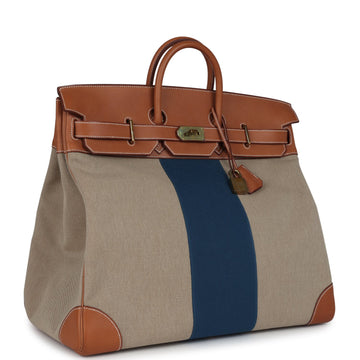Hermes Birkin HAC 50 Flag Ficelle Toile H, Fauve Barenia and Bleu Toile H Canvas Gold Hardware
