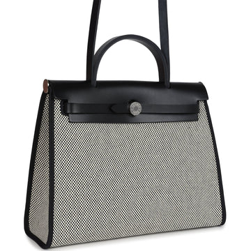 Hermes Herbag Zip 31 PM Black and White CriES Viking Toile and Hunter Palladium Hardware
