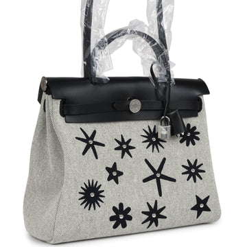 Hermes Herbag Zip 31 PM Hobnailed Black and ESru Printed H Plume Canvas and Vache Hunter Palladium Hardware
