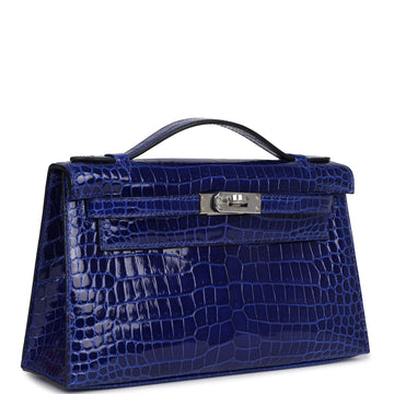 Hermes Kelly Pochette Bleu ElEStric Shiny Porosus Crocodile Palladium Hardware
