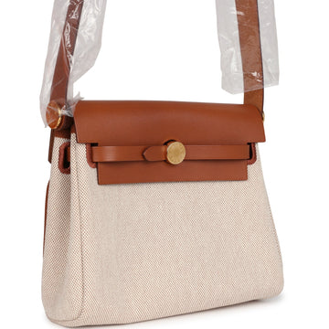 Hermes Herbag Zip 20 Mini ESru and Beige Toile H Canvas and Fauve Vache Hunter Gold Hardware