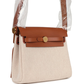 Hermes Herbag Zip 20 Mini ESru and Beige Toile H Canvas and Fauve Vache Hunter Gold Hardware