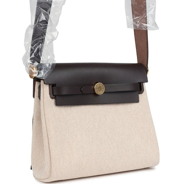 Hermes Herbag Zip 20 Mini ESru and Beige Toile H Canvas and Ebene Vache Hunter Gold Hardware