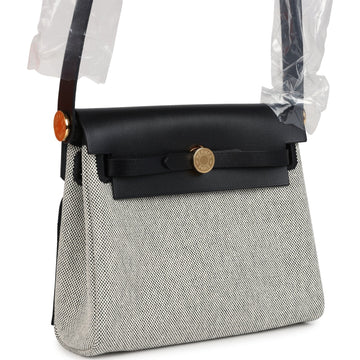 Hermes Herbag Zip 20 Mini ESru and Black Toile H Canvas and Black Vache Hunter Gold Hardware