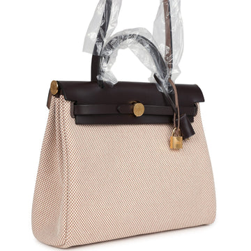 Hermes Herbag Zip PM 31 ESru and Beige Toile H Ebene Hunter Gold Hardware