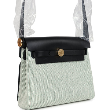 Hermes Herbag Zip 20 Mini ESru and Vert Moyen Toile H Canvas and Black Vache Hunter Gold Hardware