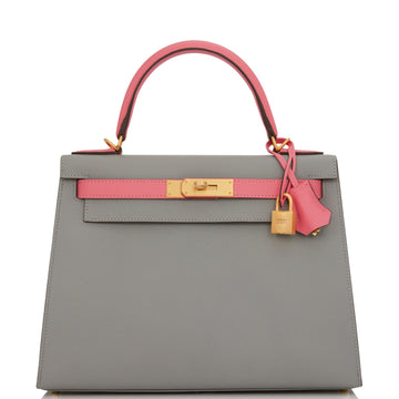 Hermes SpESial Order (HES) Kelly Sellier 28 Gris Mouette and Rose Azalee Epsom Brushed Gold Hardware