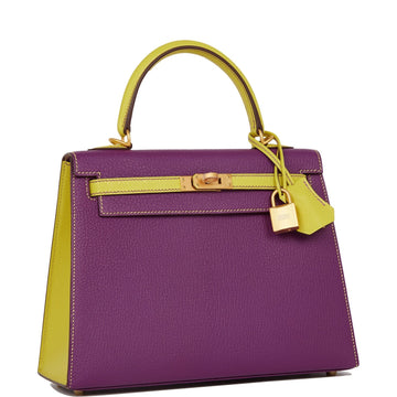 Hermes SpESial Order (HES) Kelly Sellier 25 Anemone and Lime Chevre Brushed Gold Hardware
