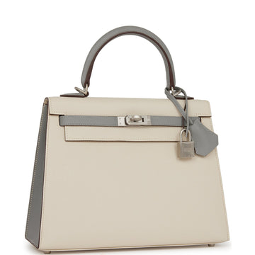 Hermes SpESial Order (HES) Kelly Sellier 25 Craie and Gris Mouette Epsom Brushed Palladium Hardware