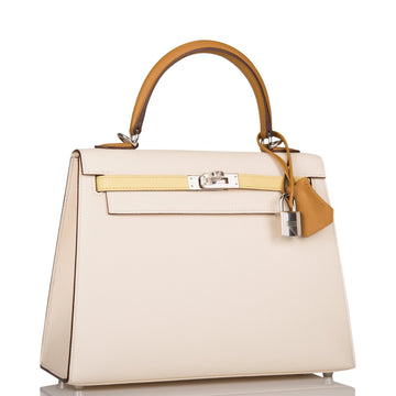 Hermes Kelly Sellier 25 Tri-Color Nata, Jaune PouESin and Sesame Epsom Palladium Hardware
