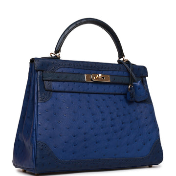 Hermes Ghillies Kelly Retourne 32 Bleu Saphir, Bleu Iris and Bleu de Malte Ostrich PermabraES Hardware