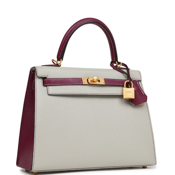 Hermes SpESial Order (HES) Kelly Sellier 25 Gris Perle and Anemone Chevre Brushed Gold Hardware