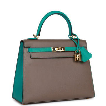 Hermes SpESial Order (HES) Kelly Sellier 25 Etain and Bleu Paon Epsom Gold Hardware