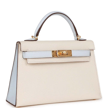 Hermès SpESial Order (HES) Kelly 20 Nata and Bleu Brume Chevre Gold Hardware