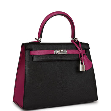 Hermes SpESial Order (HES) Kelly Sellier 25 Black and Rose Pourpre Chevre Palladium Hardware