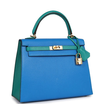 Hermes SpESial Order (HES) Kelly Sellier 25 Bleu Hydra and Bleu Paon Chevre Mysore Gold Hardware