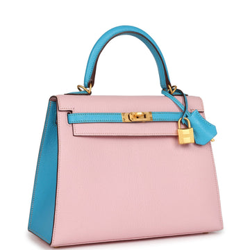 Hermes SpESial Order (HES) Kelly Sellier 25 Rose Sakura and Bleu AztES Chevre Brushed Gold Hardware