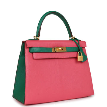 Hermes SpESial Order (HES) Kelly Sellier 28 Rose Lipstick and Vert Vertigo Chevre Brushed Gold Hardware