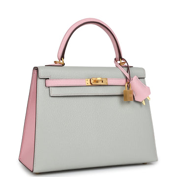 Hermes SpESial Order (HES) Kelly Sellier 25 Gris Perle and Rose Sakura Chevre Brushed Gold Hardware