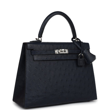 Hermes SpESial Order (HES) Kelly Sellier 25 Bleu Indigo Verso Ostrich Palladium Hardware