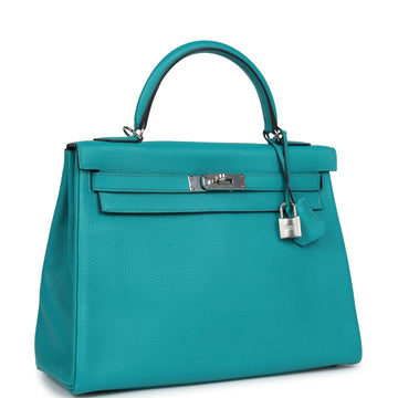 New Hermes Kelly Retourne 32 Bleu Paon Clemence Palladium Hardware