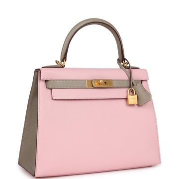 Hermes HES Kelly Sellier 28 Rose Sakura and Gris Tourterelle Chevre Brushed Gold Hardware