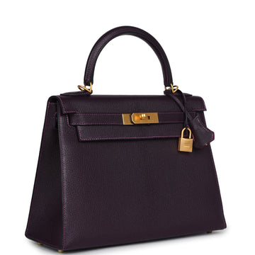 Hermes SpESial Order (HES) Kelly Sellier 28 Raisin Verso Chevre Brushed Gold Hardware
