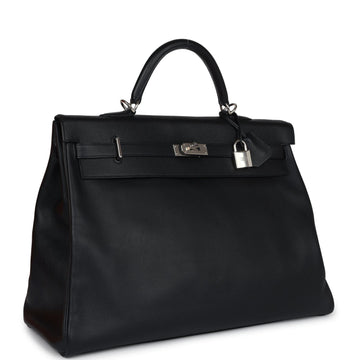New Hermes Kelly Voyage 50 Black Evercolor Palladium Hardware