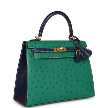 Hermes SpESial Order (HES) Kelly Sellier 25 Vert Vertigo and Bleu Iris Ostrich Brushed Gold Hardware