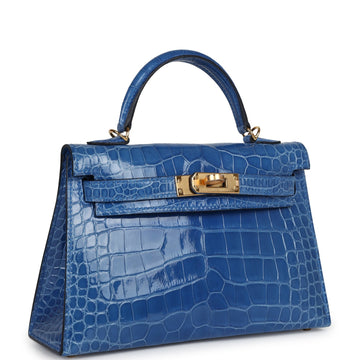 Hermes Kelly Sellier 20 Bleu Zellige Shiny Alligator Gold Hardware
