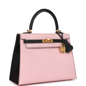 Hermes SpESial Order (HES) Kelly Sellier 25 Rose Sakura and Black Chevre Mysore Brushed Gold Hardware