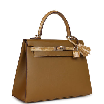 Hermes Kelly Sellier 25 Bronze Dorè Madame and Sable Shiny Niloticus Crocodile Touch PermabraES Hardware