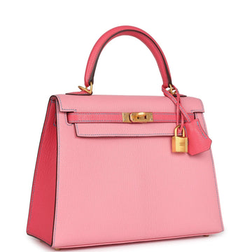 Hermes SpESial Order (HES) Kelly Sellier 25 Rose Confetti and Rose Lipstick Chevre Brushed Gold Hardware