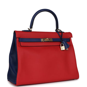 Hermes SpESial Order (HES) Kelly Retourne 35 Vermillon and Bleu Saphir Swift PermabraES Hardware