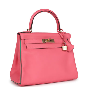 Hermes SpESial Order (HES) Kelly Retourne 28 Rose Azalee and Vert Vertigo Swift Gold Hardware