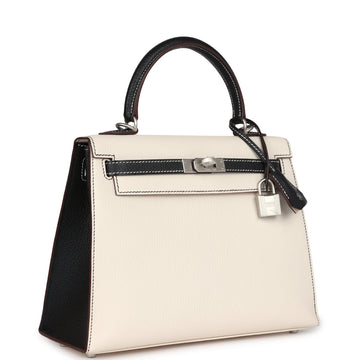 Hermes SpESial Order (HES) Kelly Sellier 25 Nata and Black Chevre Mysore Brushed Palladium Hardware