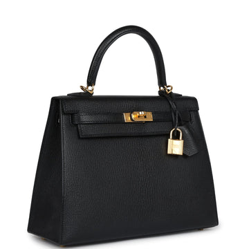 New Hermes Kelly Sellier 25 Black Chevre Mysore Gold Hardware