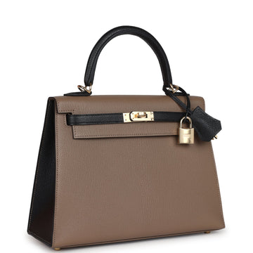 Hermes SpESial Order (HES) Kelly Sellier 25 Black and Etoupe Chevre Mysore PermabraES Hardware