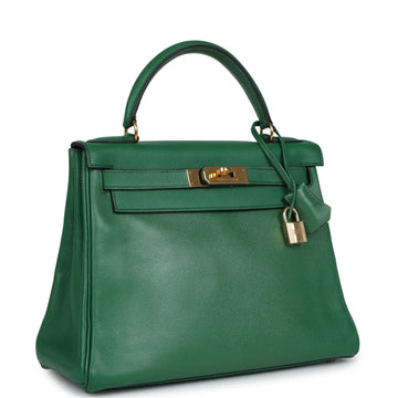 Vintage Hermes Kelly Retourne 28 Vert Benghal Courchevel Gold Hardware