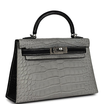 Hermes SpESial Order (HES) Kelly Sellier 20 Gris Perle and Black Matte Alligator Palladium Hardware