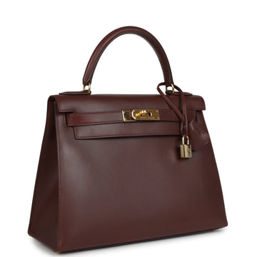 Vintage Hermes Kelly Sellier 28 Noisette Box Gold Hardware