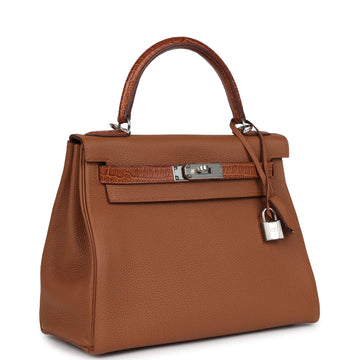 New Hermes Kelly Retourne 28 Gold Togo and Matte Prososus Crocodile Touch Palladium Hardware