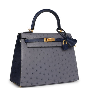 Hermes SpESial Order (HES) Kelly Sellier 25 Gris Agate and Bleu Iris Ostrich Brushed Gold Hardware