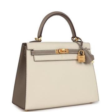 Hermes SpESial Order (HES) Kelly Sellier 25 Craie and Gris Asphalte Epsom Brushed Gold Hardware