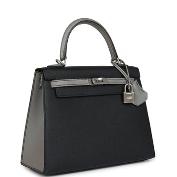 Hermes SpESial Order (HES) Kelly Sellier 25 Black and Gris Mouette Epsom Brushed Gold Hardware