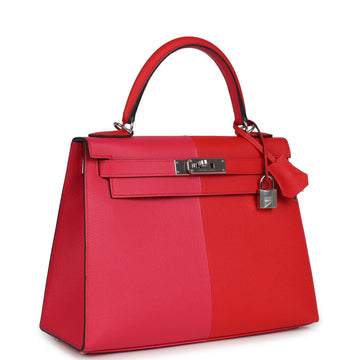 New Hermes Kelly Sellier 28 Casaque Rouge De Coeur, Rose Extreme and Bleu Zanzibar Epsom Palladium Hardware