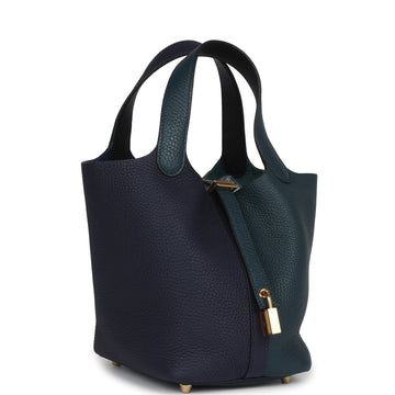 Hermes Picotin Lock 18 Casaque Bleu Nuit and Vert CypreES Clemence Gold Hardware